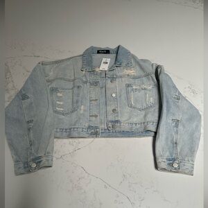 Blue B Light Wash Cropped Denim Jacket with rhinestone fringe. NWT.